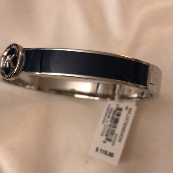 Michael Kors Silver Tone Stainless Steel Navy Blue Enamel Bangle MK Logo NWT Box - Picture 7 of 15